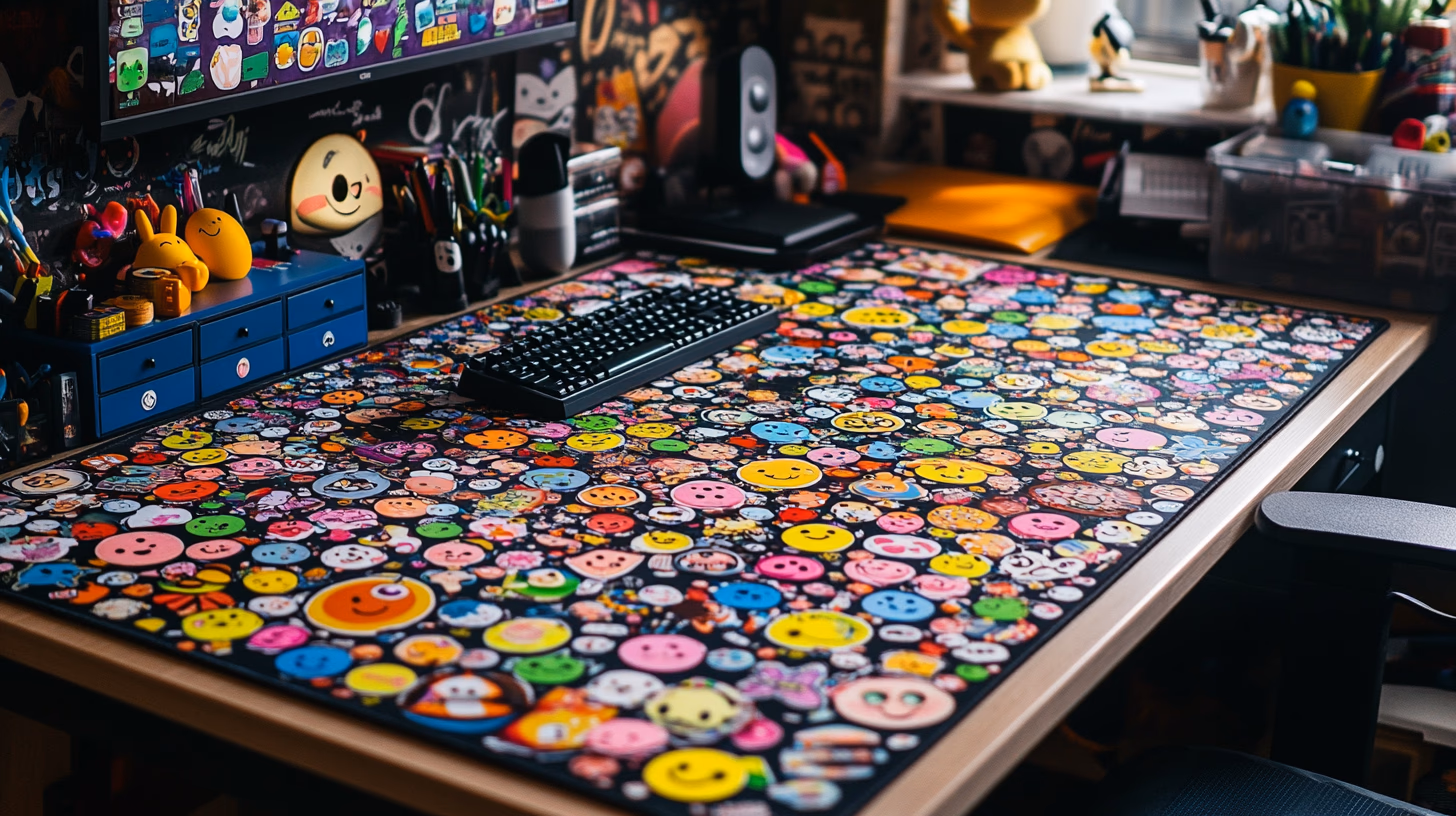 A desk completely covered in emoji stickers